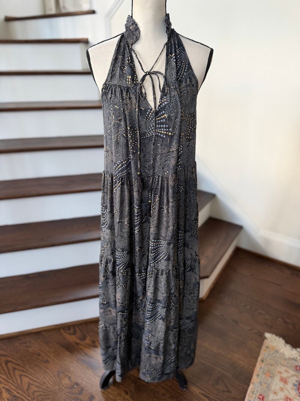 Paani Black Silky Lightweight Metallic Gold Dot Tassel Sleeveless Maxi Dress